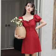 红色连衣裙2023裙子女，夏季少女绝美法式甜辣小红裙短款小个子