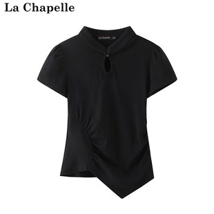 拉夏贝尔/La Chapelle新中式T恤纯色立领镂空不对称短袖上衣