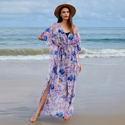波西米亚海边度假大码沙滩裙，两件套v领雪纺连衣裙开叉女士长裙