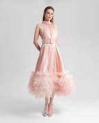 粉色礼服裙法式设计感层层荷叶，边网纱拼接无袖气质蓬蓬连衣裙长裙