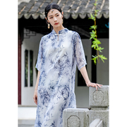 元素简新中式改良宽松旗袍女夏季高级优雅显瘦天丝印花国风连衣裙