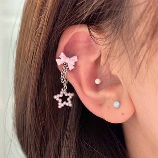 SHIMMIAN原创设计耳链吊坠粉色珍珠星星个性可拆卸短链双耳洞耳钉