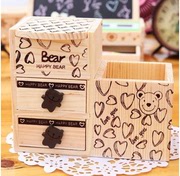 创意DIY双层铅笔筒文具盒 木质小熊抽屉式书桌面饰物收纳盒