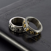 复古骷髅头时尚朋克可转动戒指，男士个性钛钢，十字架饰品指环