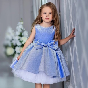 儿童礼服女童蓝色蓬蓬公主裙，小女孩紫色宝宝生日高端蝴蝶结连衣裙