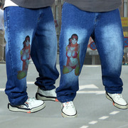 牛仔裤男印花嘻哈HIPHOP宽松复古OS街舞滑板裤厚加长和式美女日本