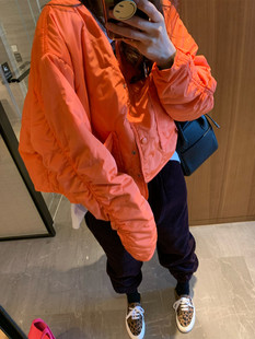 韩国2024春秋季橙色短款薄款洋气军绿色棉服棉衣外套