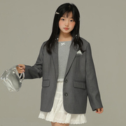 小女森女童春季灰色廓形西装儿童韩系宽松高级感气质小西服外套女