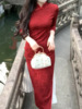 她来了复古馆暗花纹酒红色年会，结婚过年旗袍，中国风气质修身连衣裙