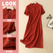 外贸法国单新中式改良年轻款，旗袍裙子女夏季中国风棉麻短袖连衣裙