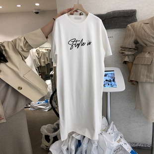 韩国东大门短袖t恤女2020夏季字母简约高腰长款洋气a字连衣裙