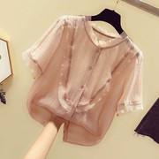 蕾丝雪纺衬衫女短袖2023夏季韩版洋气设计感小众超仙薄款上衣