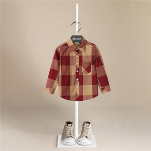 伯米吉春秋男童纯棉方格长袖衬衫，简约百搭英伦，风翻领格子衬衫1490