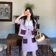 花妖原创2023夏季复古蕾丝荷叶，边香芋紫色，泡泡袖衬衫短裙两件套装