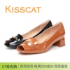 KISSCAT接吻猫2024春夏款粗跟中跟浅口方头鱼嘴牛皮通勤女鞋单鞋
