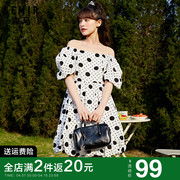 森马连衣裙女2024夏季方(夏季方)领泡泡，袖波点短裙黑白小个子纯棉裙子