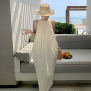 法式小众高级设计感无袖背心连衣裙女夏季褶皱廓形花苞度假长裙子