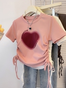 粉色正肩短袖t恤女夏季2023修身体恤，设计感小个子短款上衣