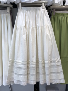 赫本伞裙显瘦仙蕾丝拼接白色，a字半身裙，女春夏中长款百搭精致裙子