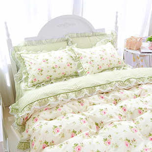 全棉韩式绿色森系四件套纯棉田园风小碎花被套床单公主风床上床品