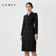 LANCY/朗姿2023秋冬季黑色西装连衣裙收腰显瘦长袖羊毛裙子女