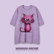 炸毛猫咪 WOODOO 设计师品牌 复古休闲卡通猫咪 男女短袖T恤
