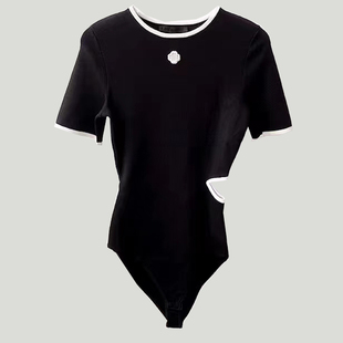 法国M家秋季女 法式修身镂空黑色针织连体衣裤MFPTS00776