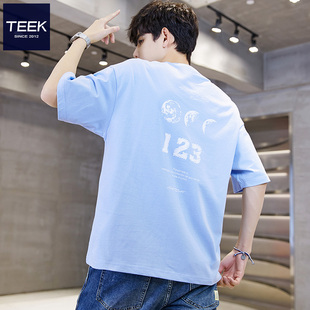 TEEK天蓝色T恤短袖男纯棉 夏季双面印花美式潮牌青少年宽松上衣服