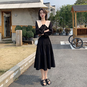 赫本风法式黑色长袖娃娃领连衣裙女2023春秋显瘦气质蛋糕裙子