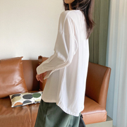 韩版高级感中长款衬衫袖，长袖白t恤女棉质弧形，下摆宽松上衣打底衫