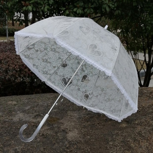 白色爱心小清新女士透明雨伞，网红折叠透明伞仿蕾丝爱心透明长柄伞