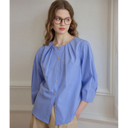 Simpleretro法式蓝色纯色衬衫女压褶圆领7分袖收腰绑带天丝棉衬衣