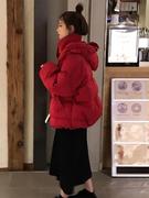 红色羽绒服女短款冬季2023小个子，韩版宽松面包，派克服棉衣外套