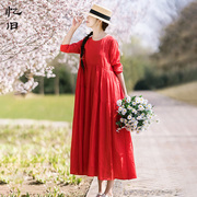 忆旧苎麻红色连衣裙女秋季2023圆领，不对称拼接长裙长袖宽松裙