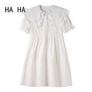 HAHA娃娃领短袖连衣裙女士春夏季甜美白色A字短裙子显瘦可爱