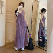 法式气质紫色扎染吊带，连衣裙女2024夏装温柔淑女，高腰显瘦褶皱长裙