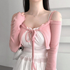 韩国东大门洋气甜美粉色~性感女人味露肩系带短款长袖外搭小开衫