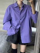 港风设计感小众紫色，长袖衬衫女秋冬季复古慵懒风叠穿打底衬衣