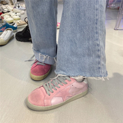 春韩版时尚真皮系带厚底粉色小脏鞋，星星鞋休闲平跟圆头低帮板鞋潮