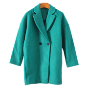 外单好品质祖母绿色羊毛呢西装领中长款大衣外套秋冬女装