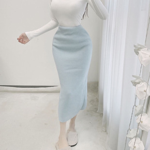韩国ue385优雅简约天蓝色气质女人味，高腰包(高腰包，)臀半身裙ye