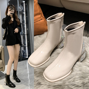 白色短靴女2023秋冬法式粗跟踝靴方头短筒靴子中跟低跟瘦瘦靴