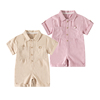 婴儿短袖连体衣2024夏季男童工装裤连身，哈衣宝宝宽松粉色爬服