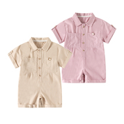 婴儿短袖连体衣2024夏季男童，工装裤连身哈衣宝宝，宽松粉色爬服