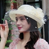 帽子女卷边网纱韩版时尚圆顶小礼帽优雅复古花朵花朵时装帽遮阳帽