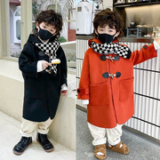 男童秋冬季加厚外套毛呢子(毛呢子，)大衣韩版中长款牛角扣童装红色冬装2022
