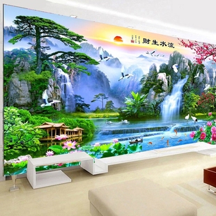 中式山水18d立体浮雕壁画，客厅电视背景墙壁纸流水，生财5d影视墙布