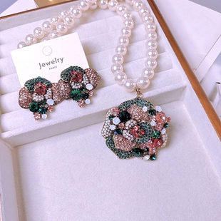韩国东大门玫瑰水钻锆石珍珠，项链毛衣链同款气质，耳环时尚套件礼物