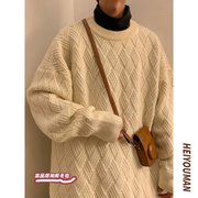 纯色毛衣男外套冬季日系圆领上衣简约情侣，加厚针织衫设计感小众潮