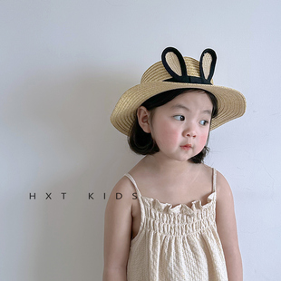 儿童大帽檐草帽夏季拼色可爱兔耳朵，遮阳帽子女童宝宝海边沙滩帽潮